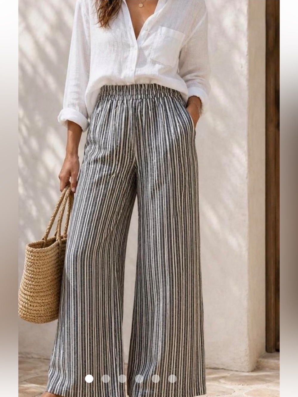Evereve Women's Wide-Leg Gray and White Striped Linen Blend Pants Pockets